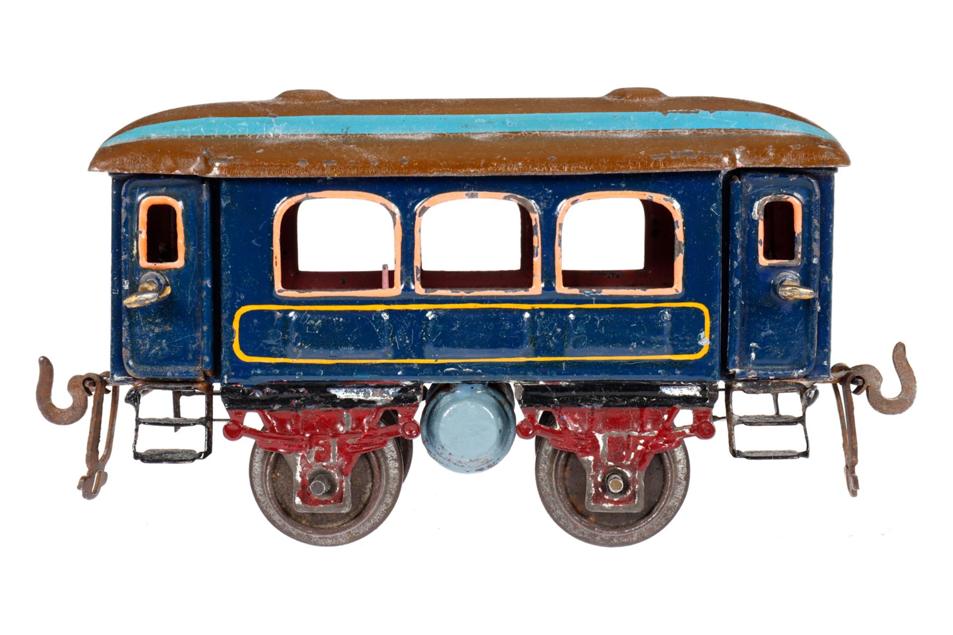 Bing Personenwagen, Spur 0, uralt, HL, mit 2 Sitzbänken, 4 AT und Gaszylinder, Dachlaschen