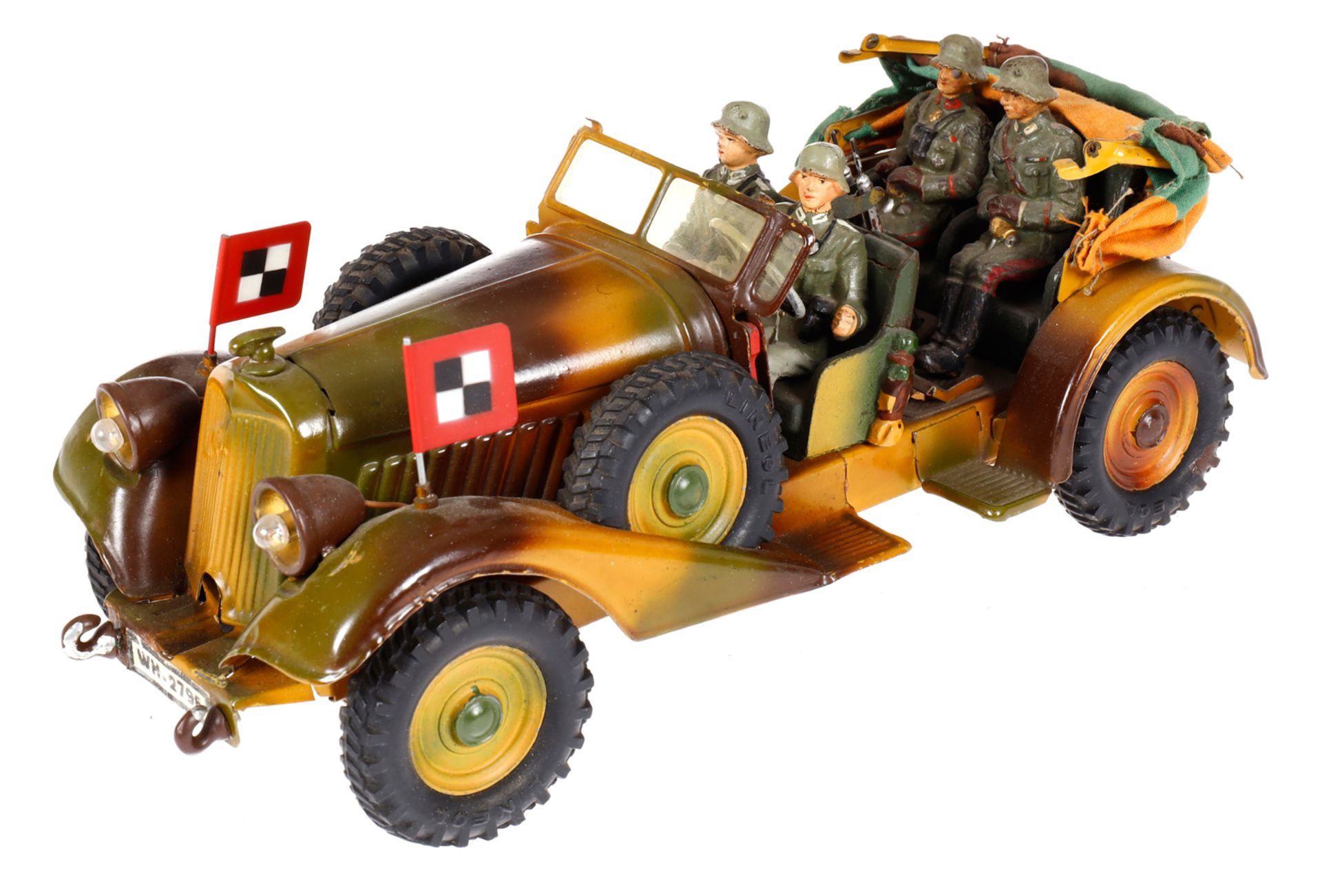 Lineol Kübelwagen, Mimikry, Uhrwerk intakt, mit Batteriebeleuchtung und 4 Soldaten, Standarten