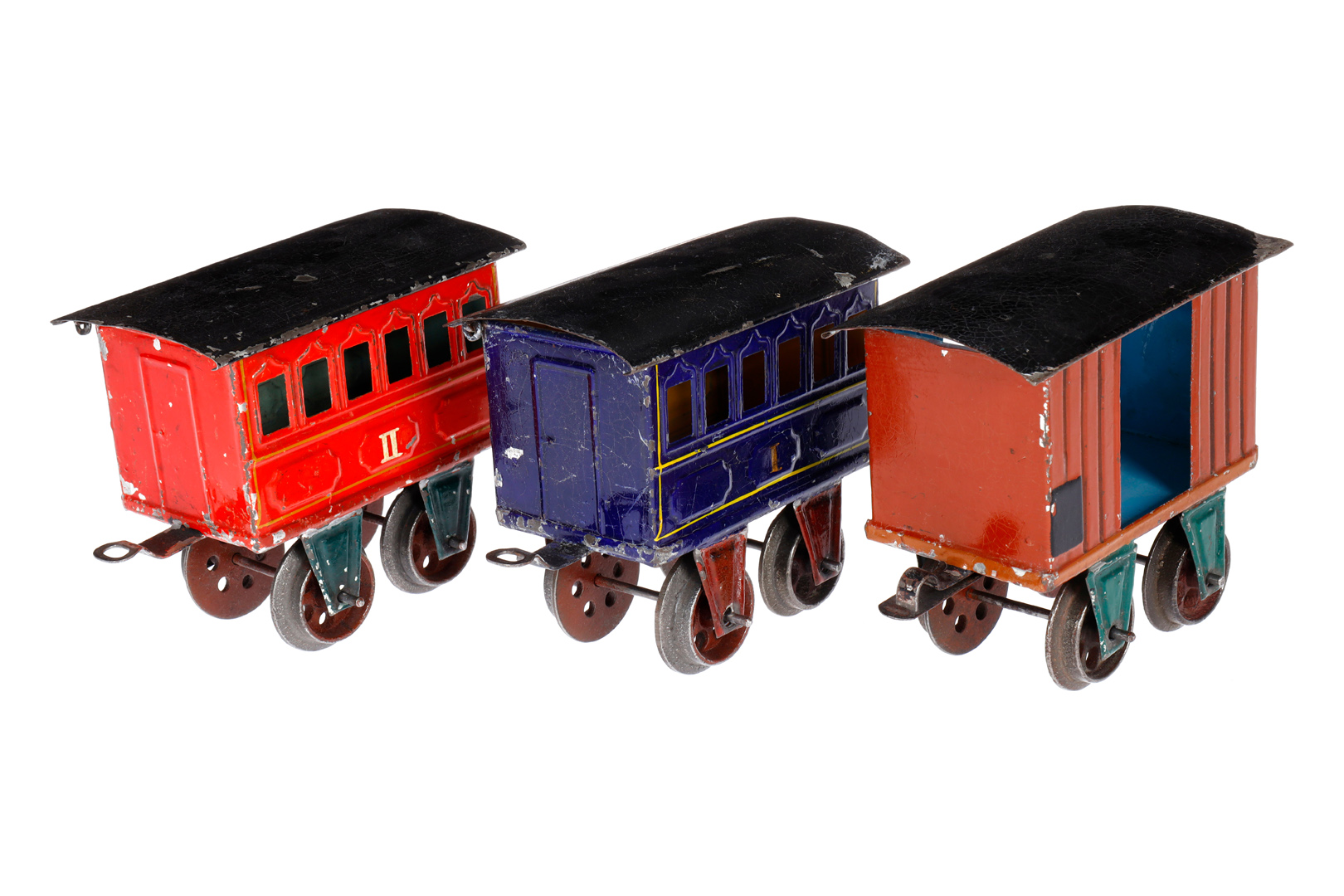 2 Märklin Personen- und 1 ged. Güterwagen 1805/1803, Spur 1, uralt, HL, trapezförmige Achslager,