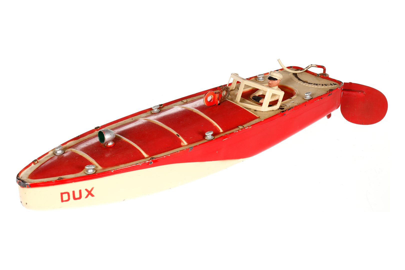 Dux Rennboot, HL, Uhrwerk intakt, mit Fahrerfigur, LS und Alterungsspuren, Gesamtlänge 42,5, Z 3