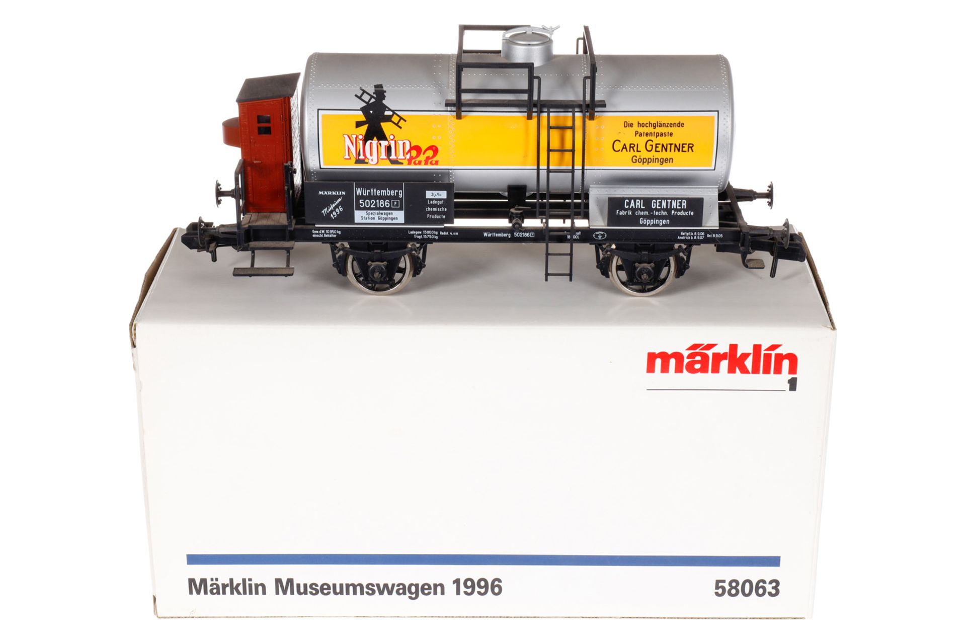Märklin Kesselwagen ”Museum 1996” 58063, Spur 1, silbergrau/gelb, Alterungsspuren, L 27,5, im leicht