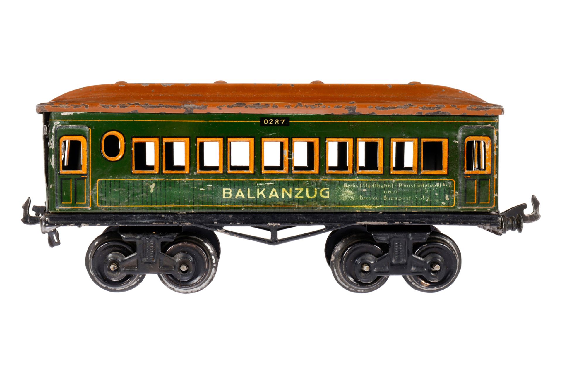 Bing Personenwagen ”Balkanzug”, Spur 0, uralt, CL, 1 Puffer fehlt, 1 Stirnseite mit Löchern, LS, L