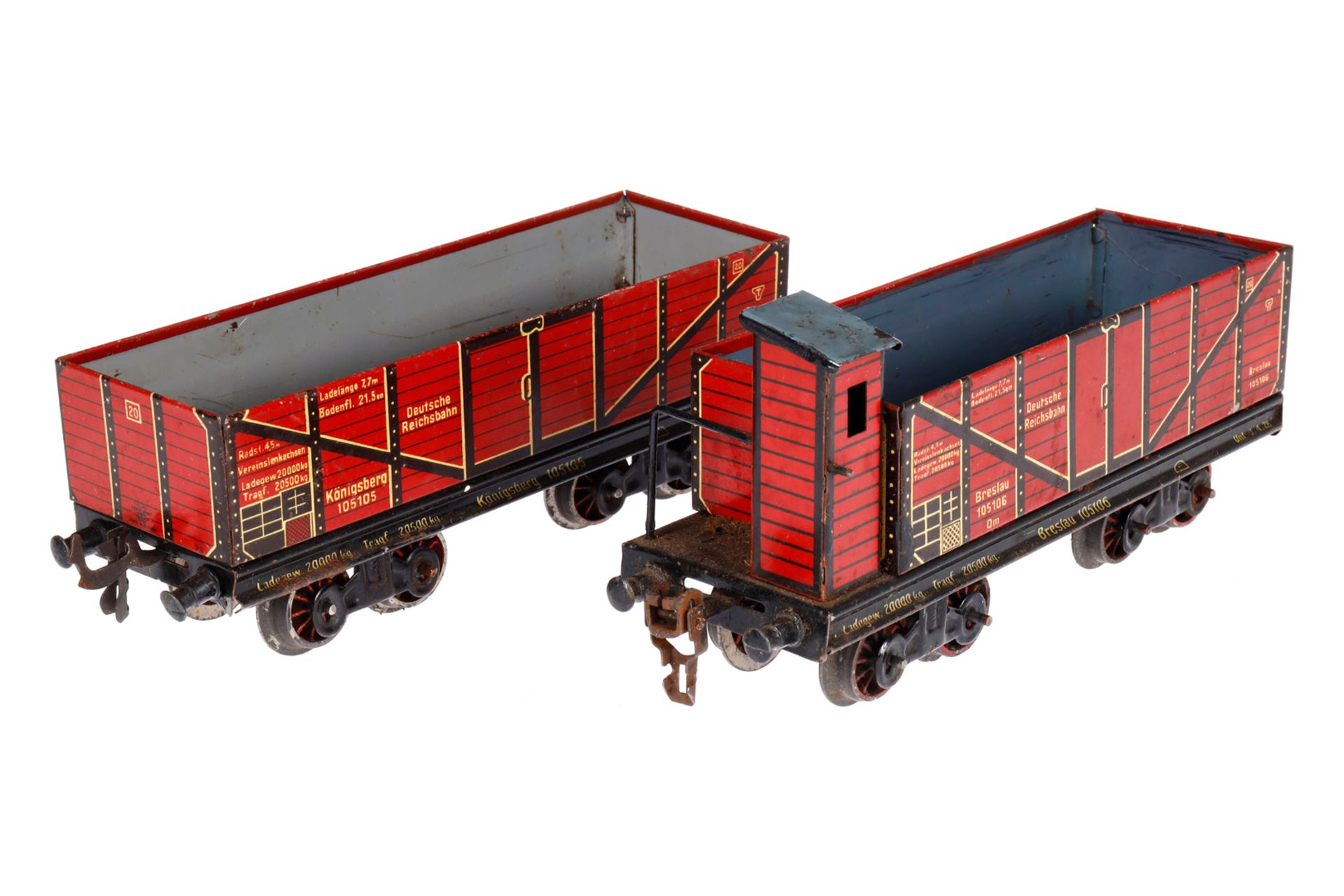 2 Bing Güterwagen, Spur 0, CL, mit Gussrädern, LS, L 21, Z 3