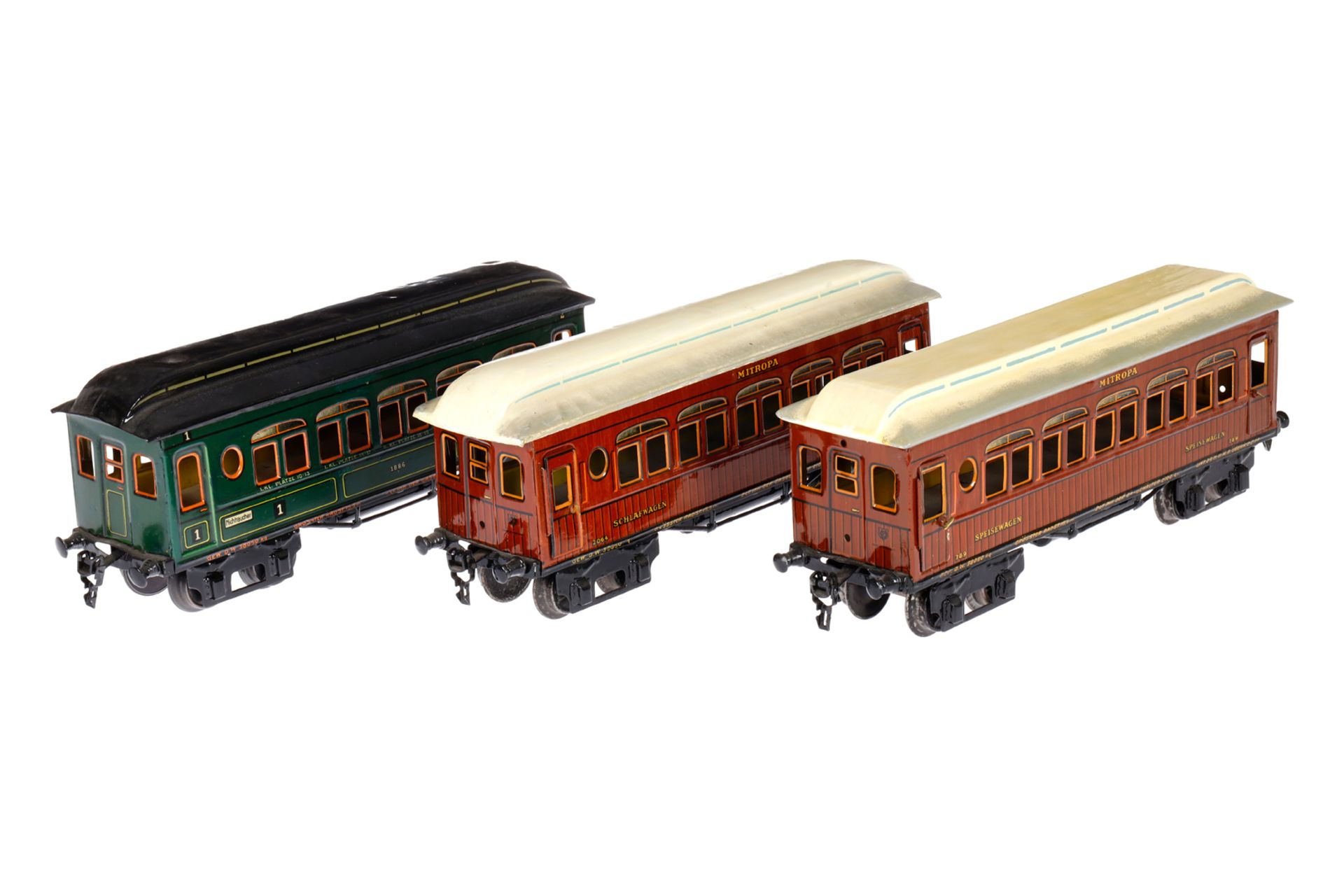 3 Märklin Wagen 1886, Spur 1, CL, tw nachlackiert, LS, L 32,5, Z 4