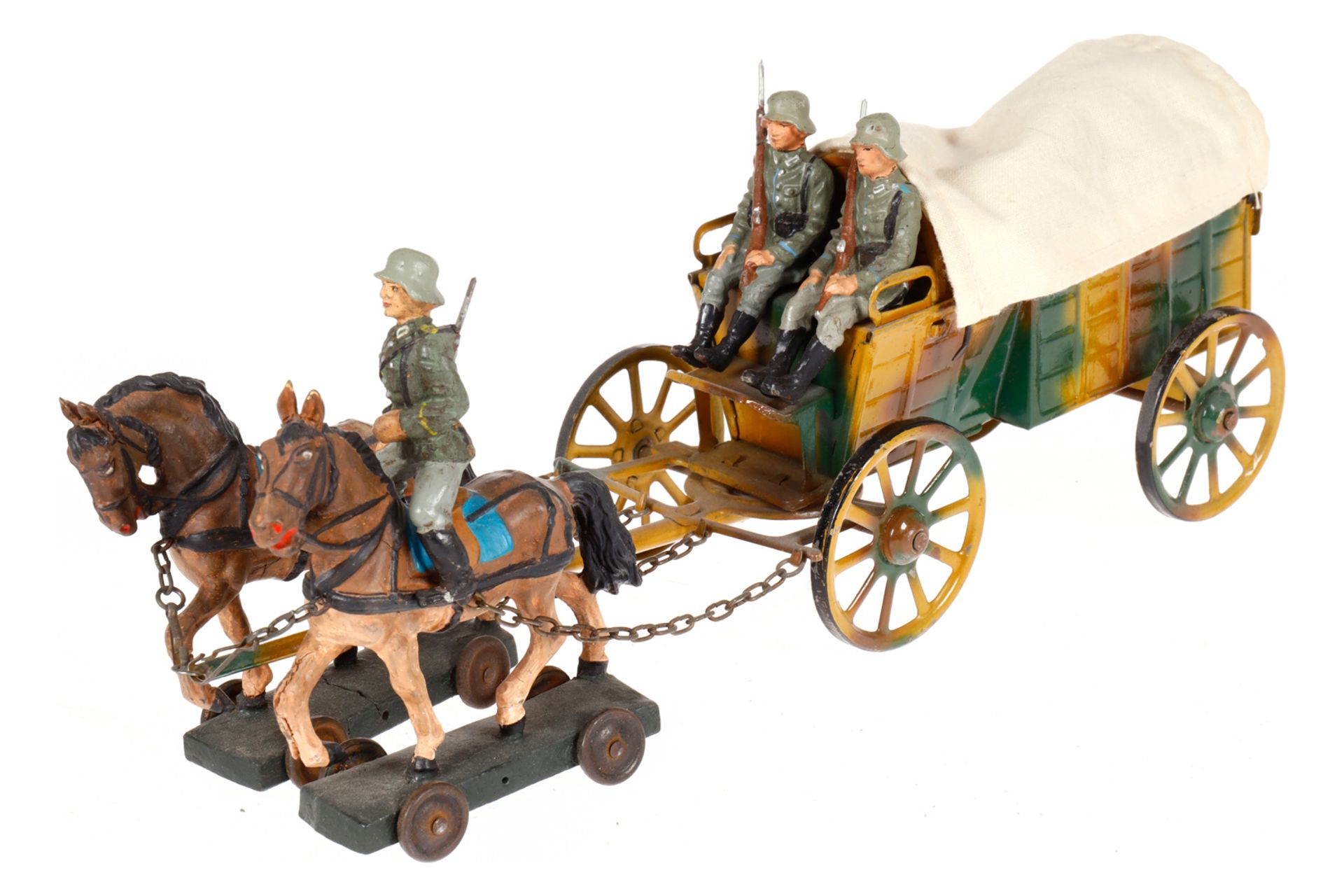 Lineol Pferdegespann mit Planewagen, Masse/Blech, HL, mit 3 Soldaten, LS und Alterungsspuren, L