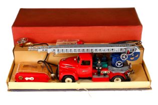 Schuco Construction Feuerwehr N 6080, Uhrwerk intakt, rot, mit 3 Figuren, Batteriekasten,