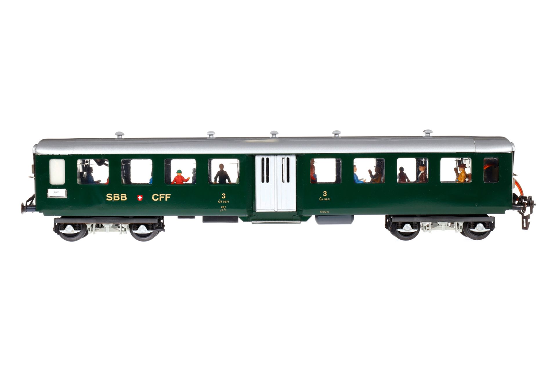 Resal Personenwagen, Spur 0, grün, mit Inneneinrichtung und Fremdbeleuchtung, 3. Klasse,