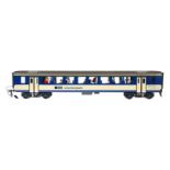 Hermann Personenwagen BLS, Spur 0, blau/creme, mit Inneneinrichtung und Fremdbeleuchtung, 1. Klasse,