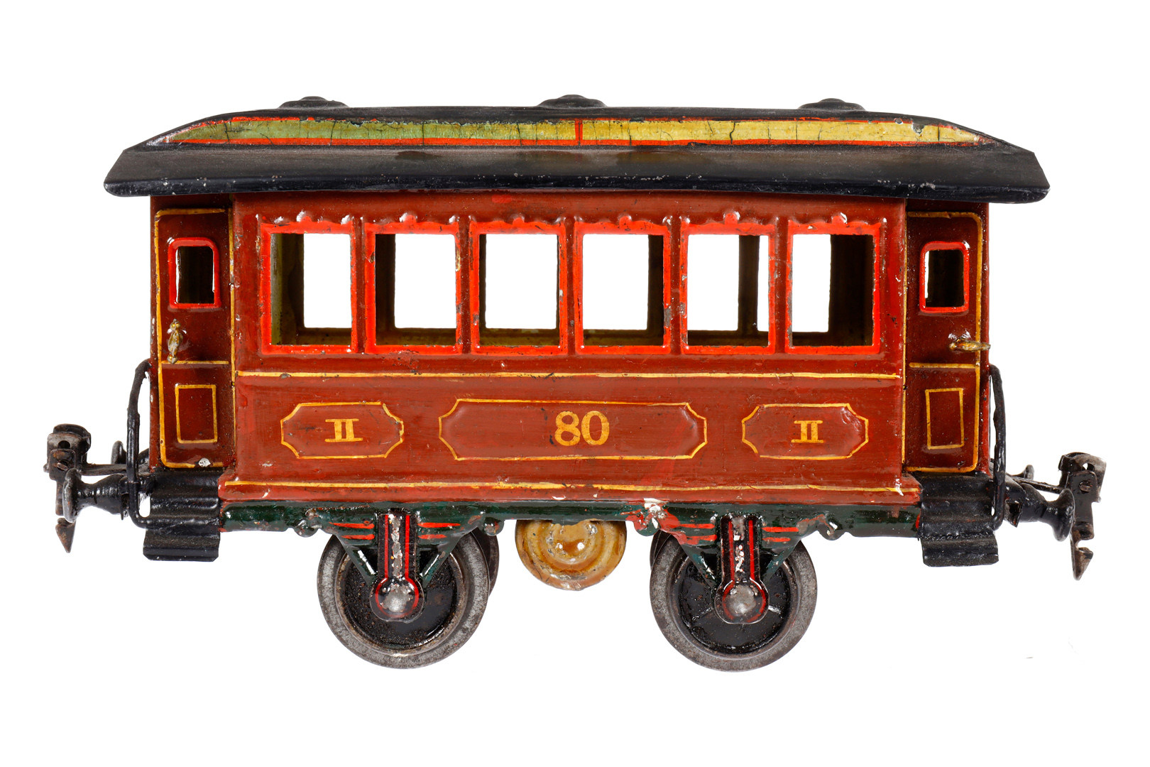 Märklin Durchgangswagen 1821, Spur 1, uralt, braun, HL, mit 2 Sitzbänken und 4 AT, meist farbl.