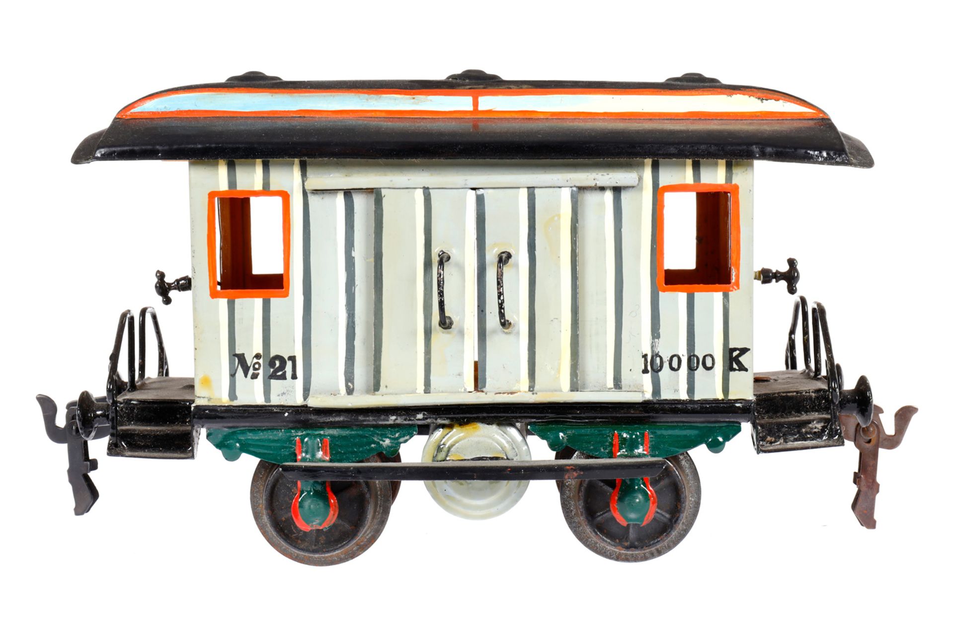 Märklin Gepäckwagen 1823, Spur 1, uralt, HL, mit Diensteinrichtung, 2 AT und 4 ST, farbl. rest.