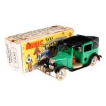 Tri-ang Minic Toys Taxi, grün/schwarz, Uhrwerk intakt, Alterungsspuren, L 10,5, im tw besch. und