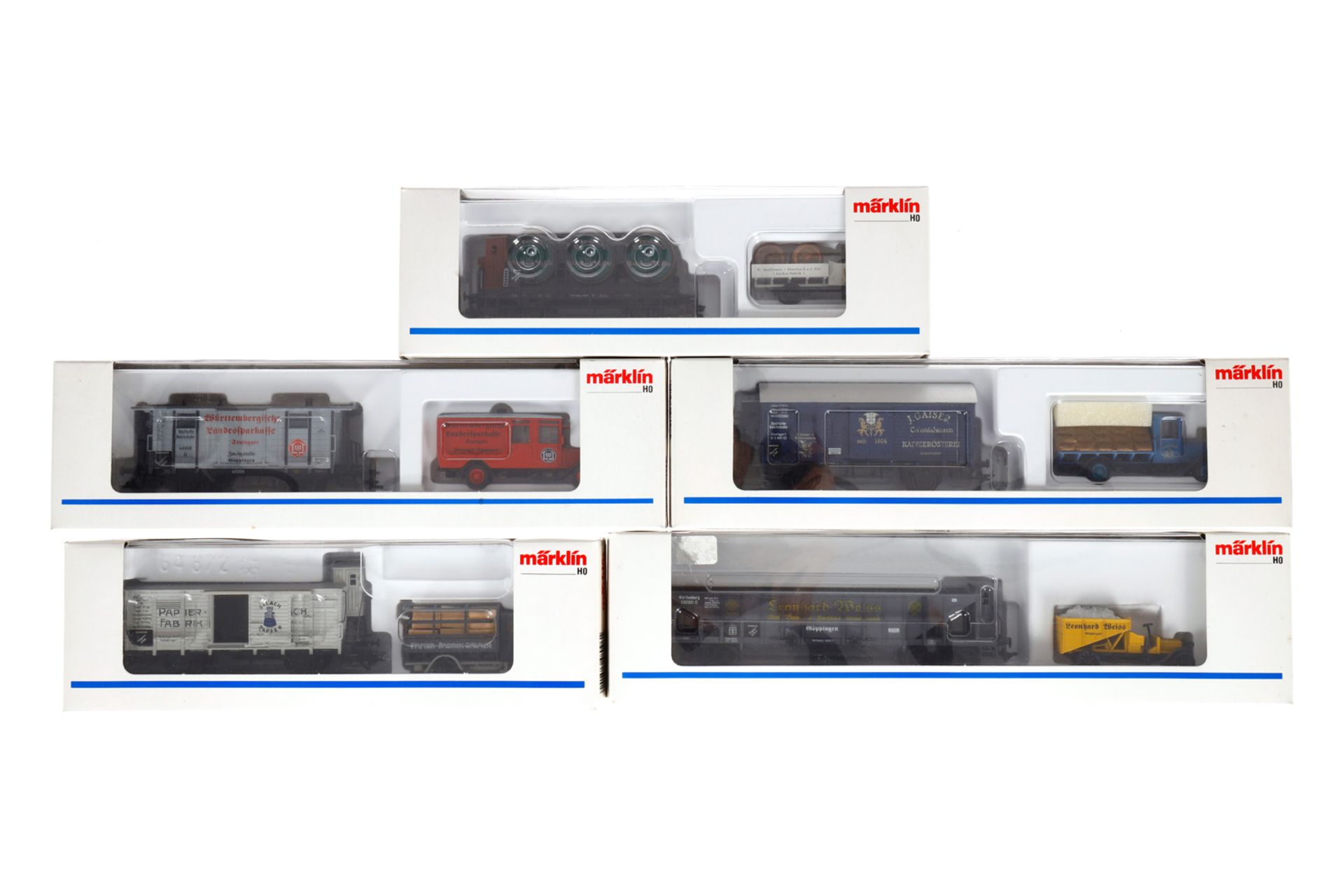 5 Märklin Packungen”Museum” 1996, 1997, 1998, 1999 und 2000, Spur H0, Alterungsspuren, je im OK, Z