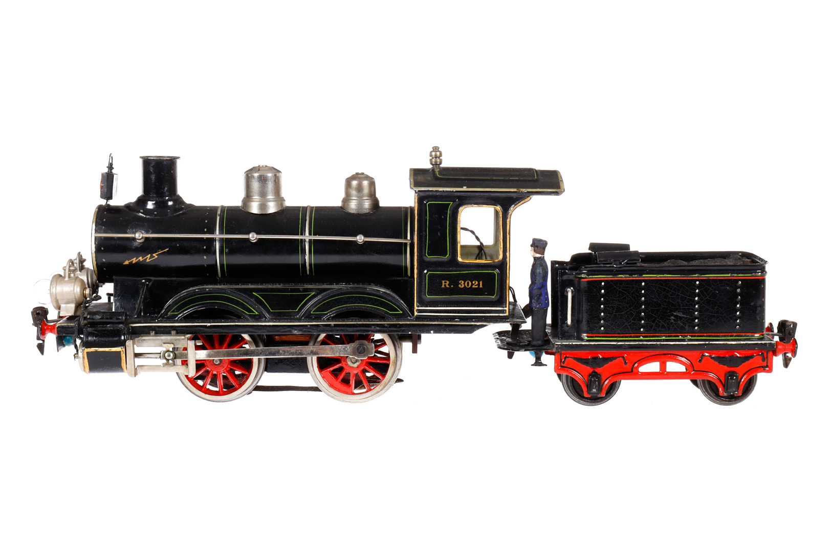 Märklin B-Dampflok R 3021, Spur 1, uralt, Starkstrom, schwarz, mit Tender, Schalteinheit im