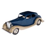 Tri-ang Minic Toys Limousine, blau/grau, Uhrwerk intakt, mit Schiebedach, Alterungsspuren, L 13, Z