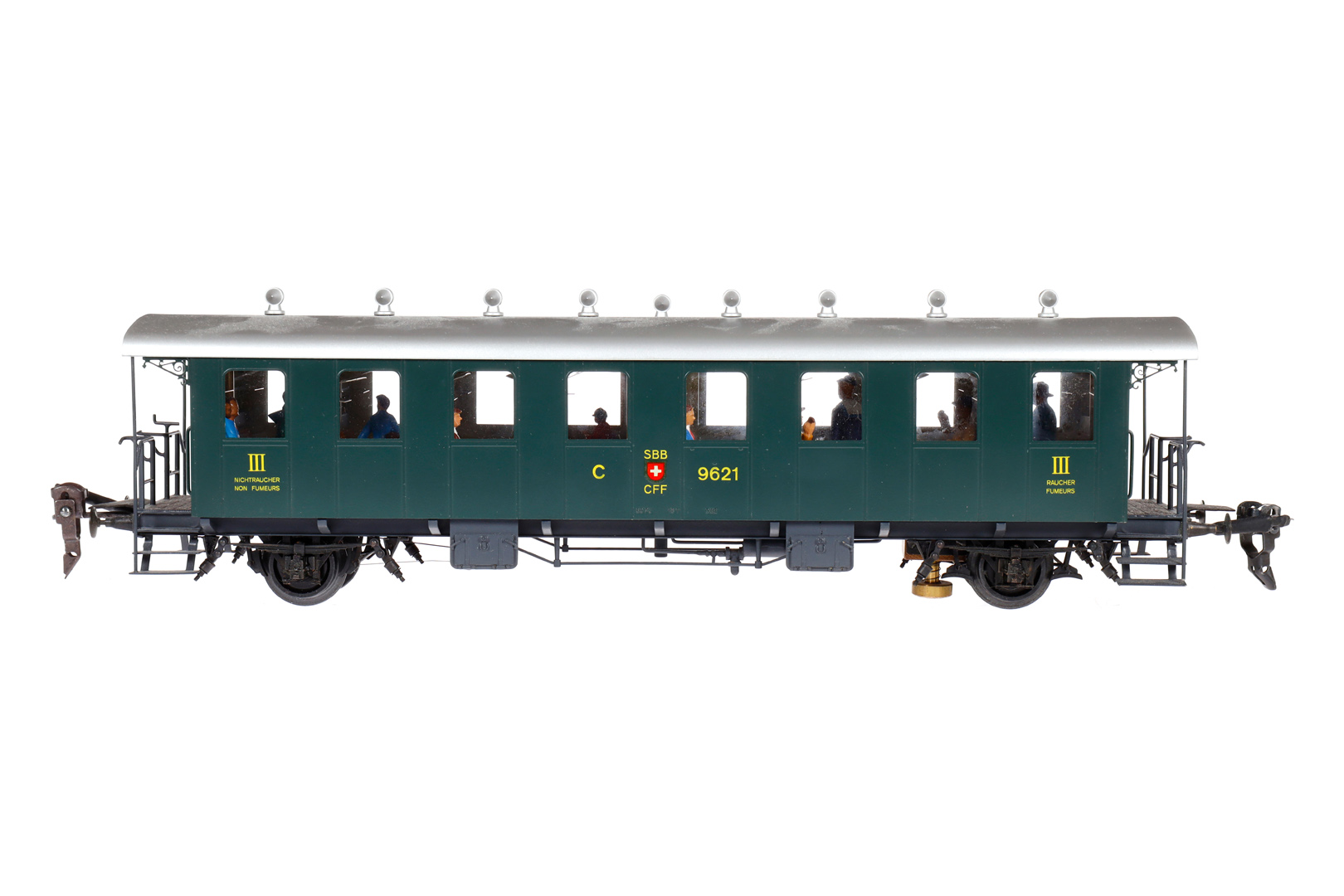 Hermann Personenwagen, Spur 0, grün, mit Inneneinrichtung, Alterungsspuren, L 32,5, Z 3
