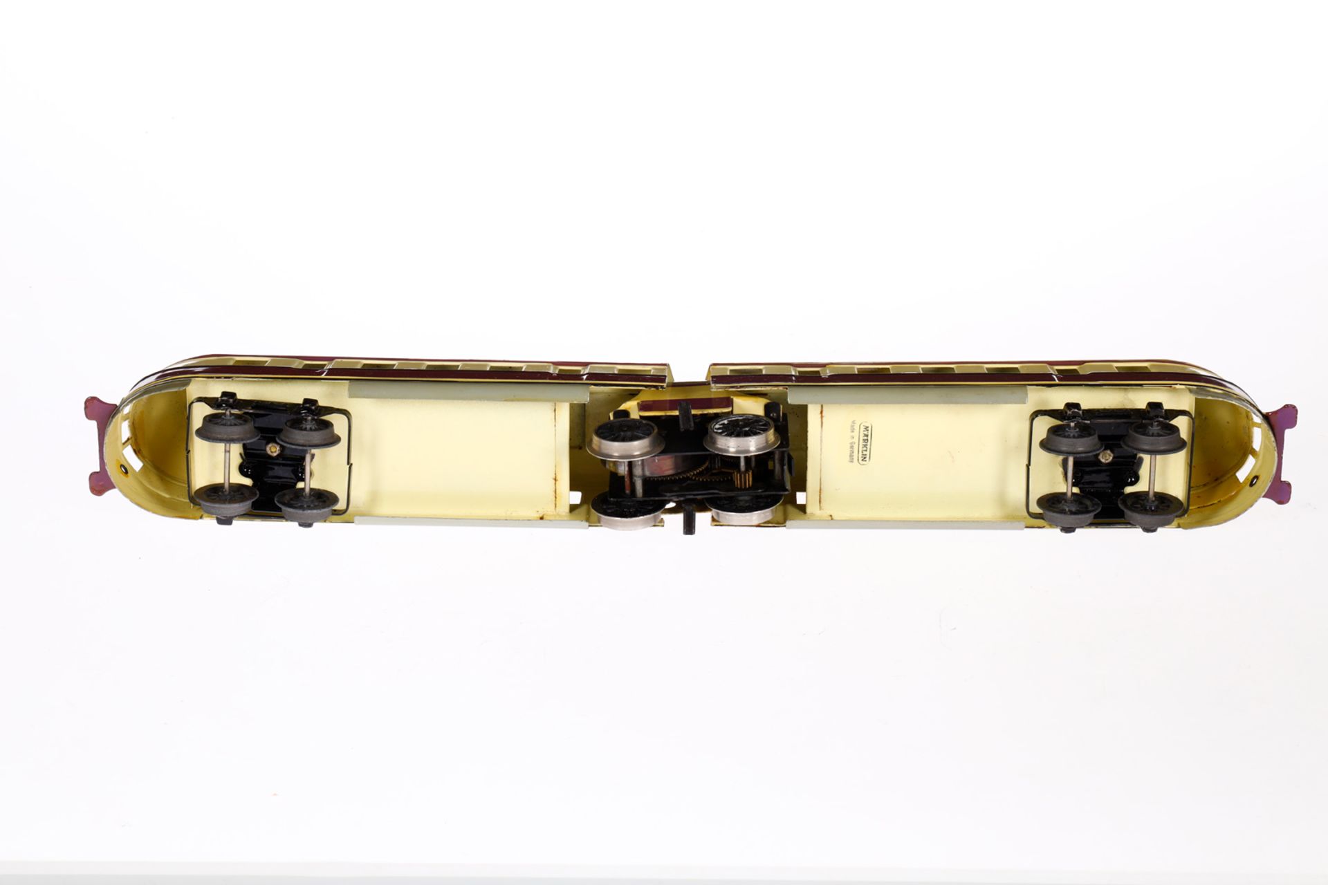 Märklin Triebwagen TW 970, Spur 0, Uhrwerk intakt, creme/violett, LS tw ausgeb., gealterter Lack, im - Bild 4 aus 4