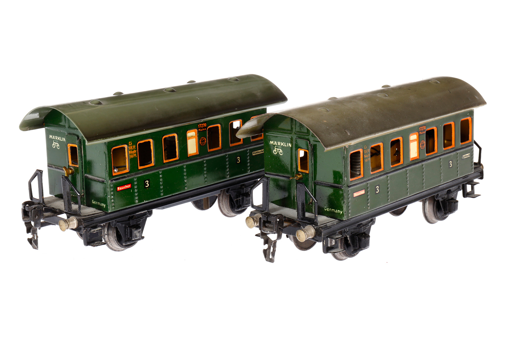 2 Märklin Personenwagen 1727, Spur 0, CL, tw verändert, 1 Dach ergänzt, L 18,5, Z 3