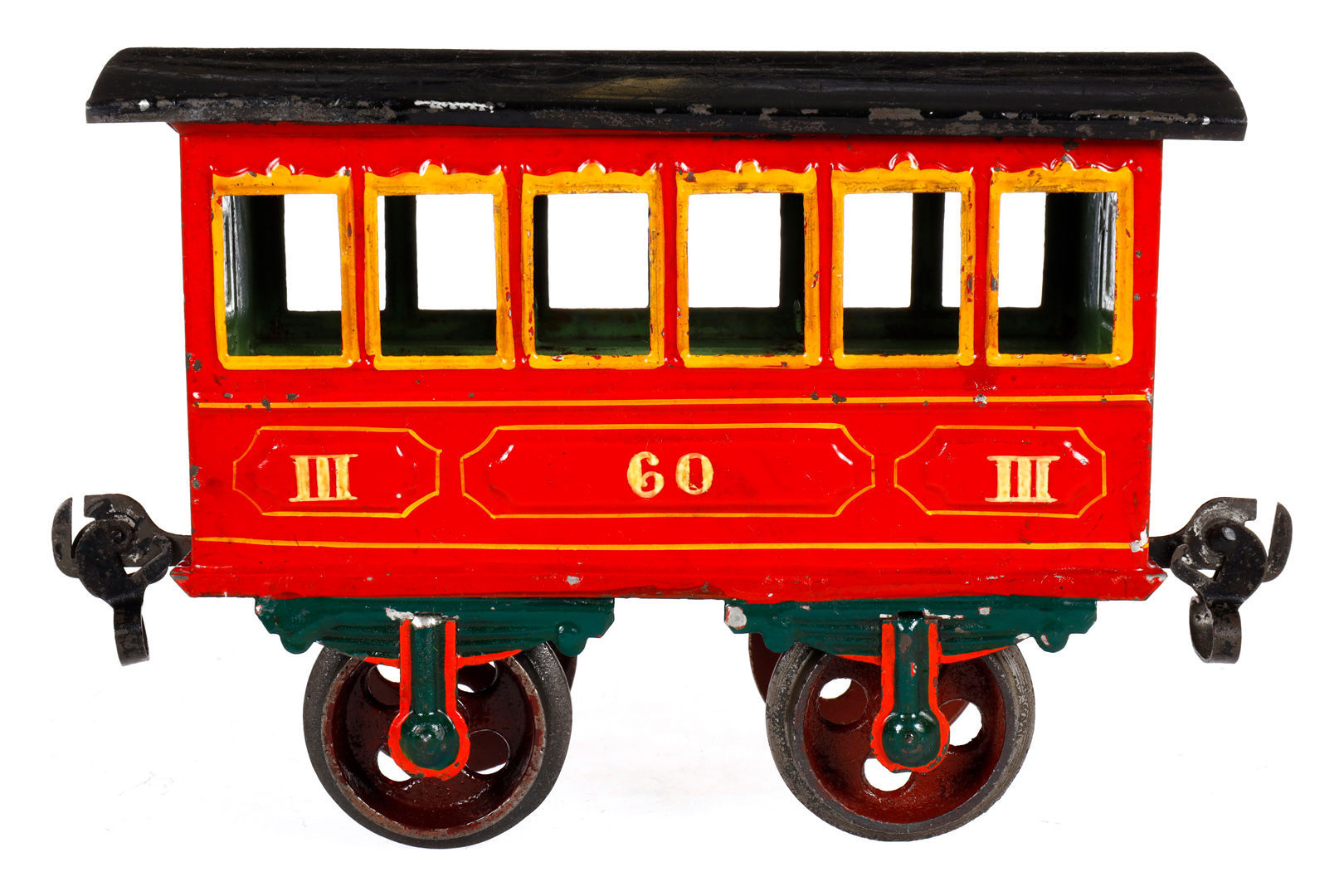 Märklin Personenwagen 1805, Spur 2, Spurweite 54, uralt, rot, HL, mit 2 Sitzbänken, Ringkupplungen