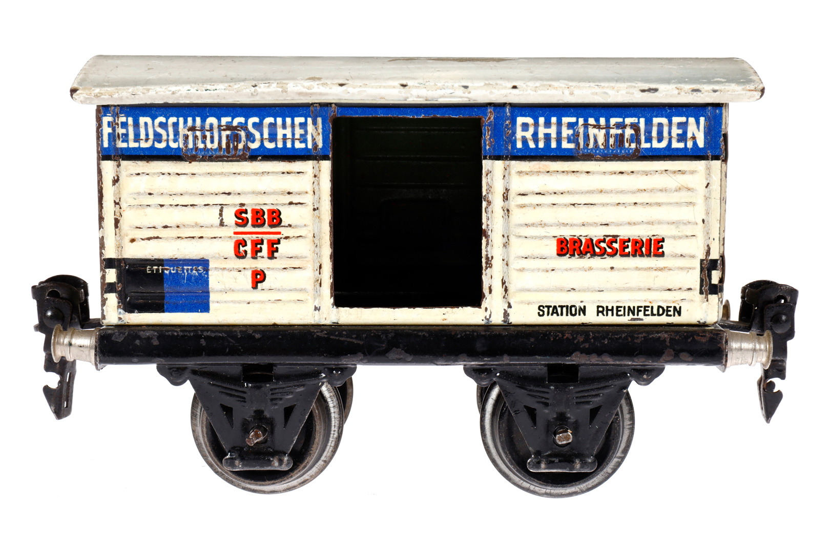 Märklin schweizer Feldschlösschen Bierwagen 1968, Spur 0, HL, mit 1 TÖ, LS und gealterter Lack, L