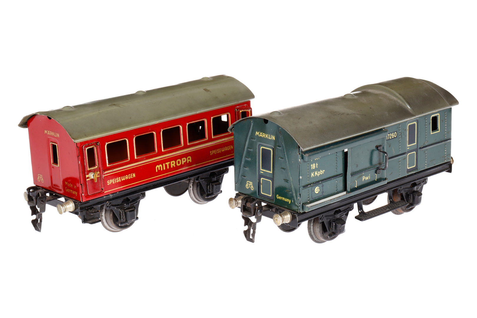 2 Märklin Wagen 1725 und 1726, Spur 0, CL, LS und gealterter Lack, L 16,5, Z 2-3