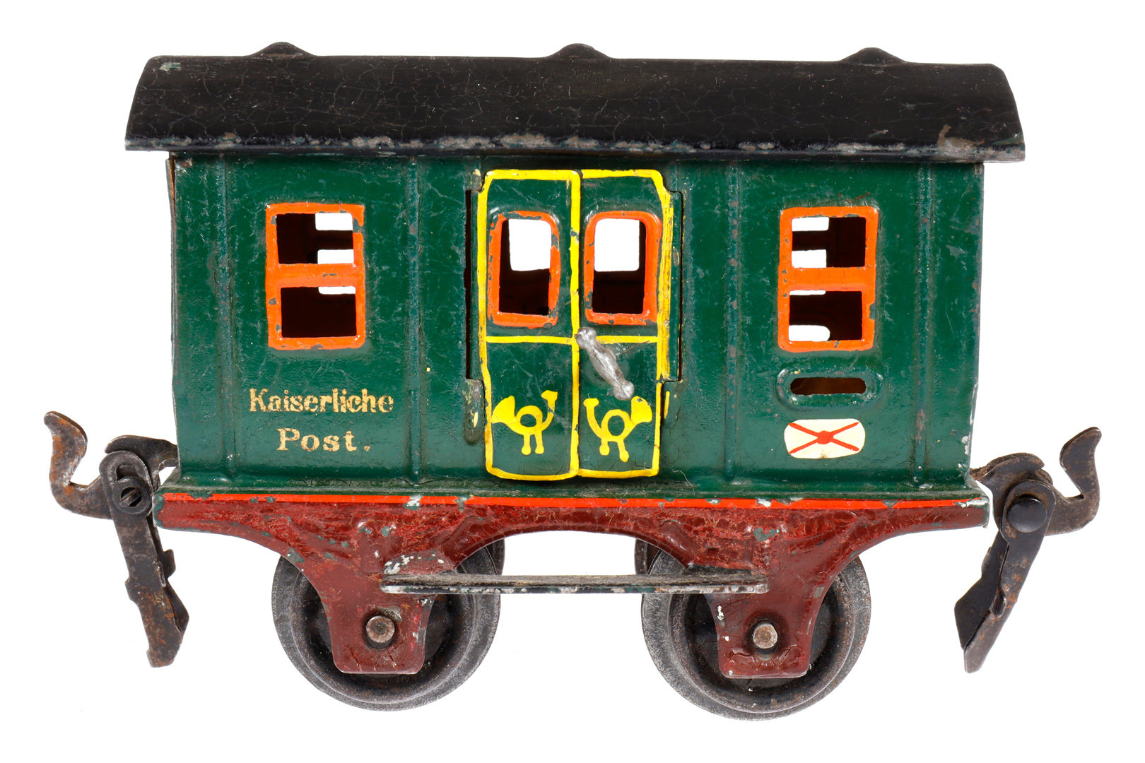 Märklin Postwagen 1802, Spur 0, uralt, HL, mit 2 DT, LS und gealterter Lack, L 9,5, Z 2-3