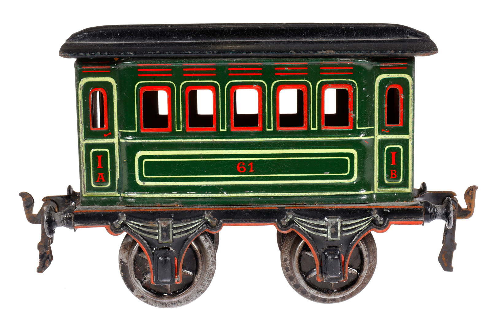 Märklin Personenwagen 1861, Spur 1, uralt, grün, CL, LS und gealterter Lack, L 15, Z 2-3