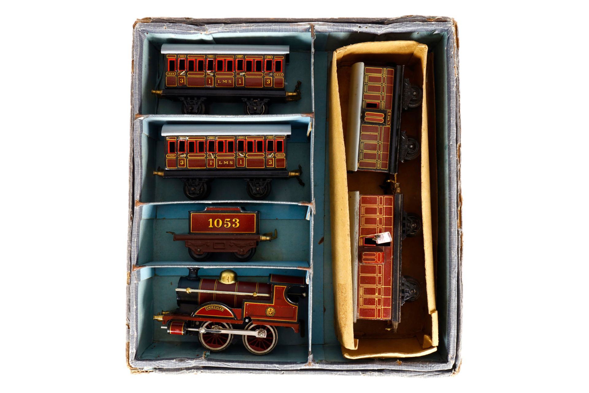 Bing engl. Zugpackung, Spur 0, gefüllt mit B-Dampflok ”Hercules”, Tender und 4 versch. Wagen,