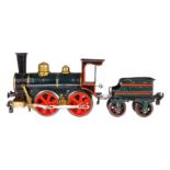 Märklin B-Dampflok 1021 BN, Spur 1, uralt, Uhrwerk intakt, grün/schwarz, mit Tender, Bremse und