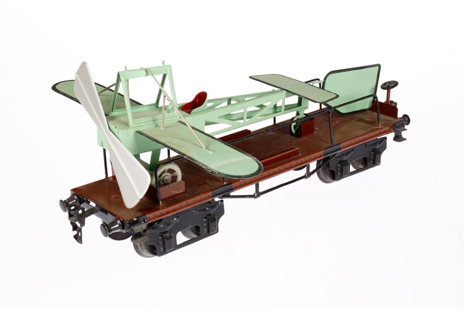 Märklin Flugzeugtransportwagen 1881, Spur 1, HL, mit Replik-Flugzeug, LS und gealterter Lack, L 31, - Bild 2 aus 4