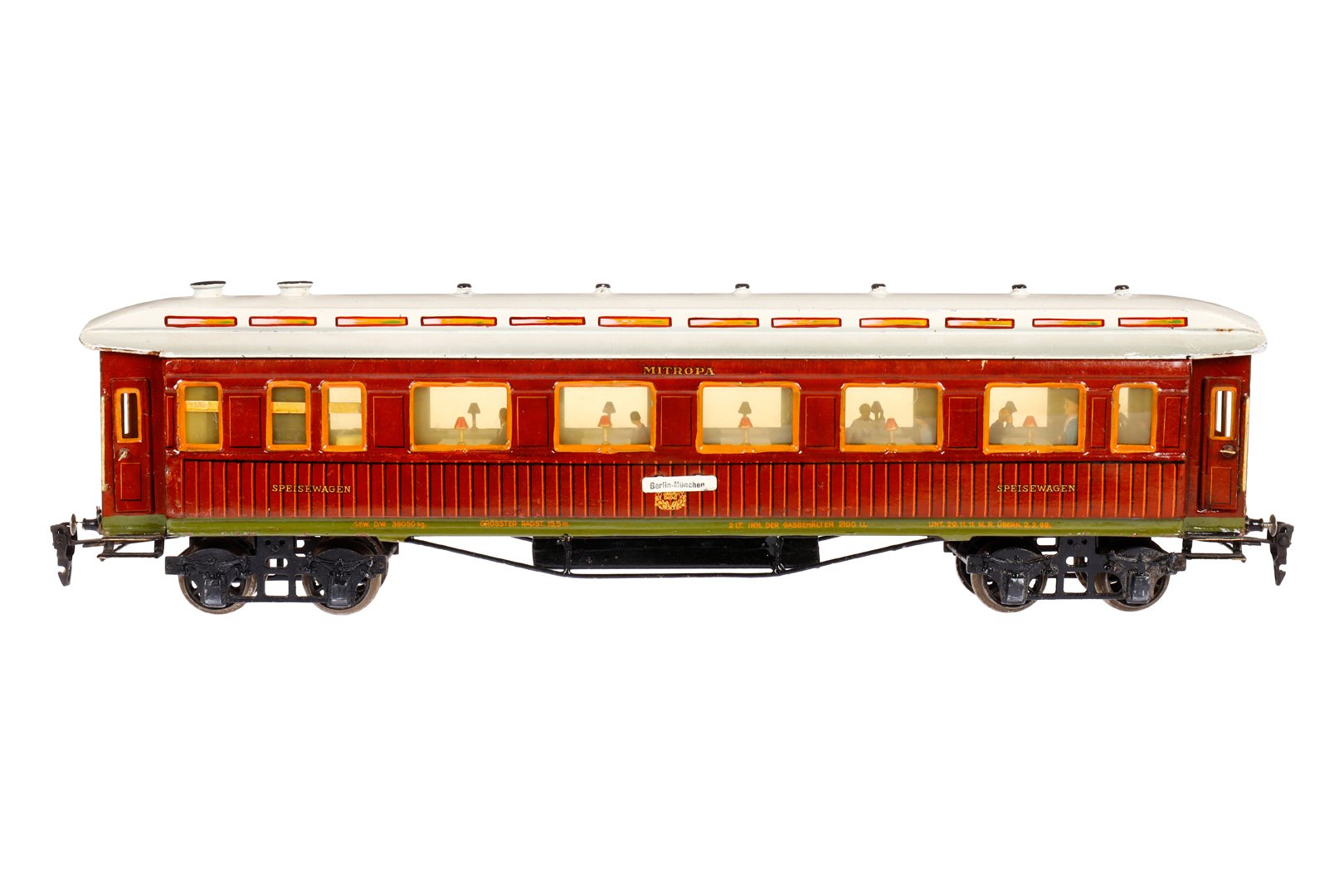 Märklin Mitropa Speisewagen 1946, Spur 1, HL, mit Holz-Inneneinrichtung, 4 AT, Gussrädern und 2