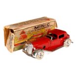 Tri-ang Minic Toys Cabrio/Limousine, rot/silber, Uhrwerk intakt, mit Schlüssel, Alterungsspuren, L