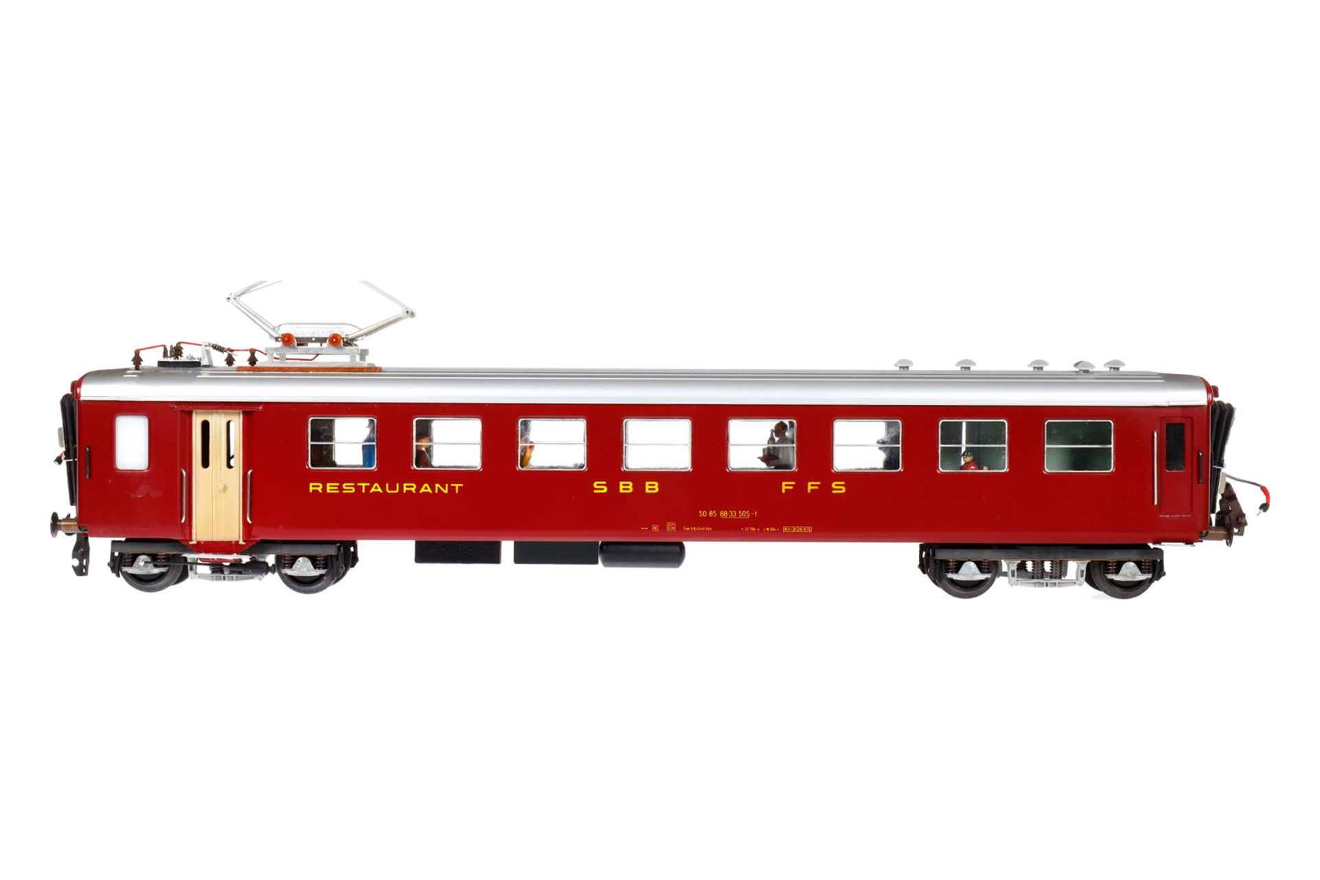 Hermann Restaurantwagen, Spur 0, rot, mit Inneneinrichtung und Fremdbeleuchtung, Alterungsspuren,