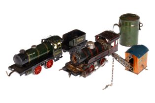 2 Bing Lokomotiven und 1 Tender, Spur 0, dazu Krangehäuse und Spardose (H 9), Z 4
