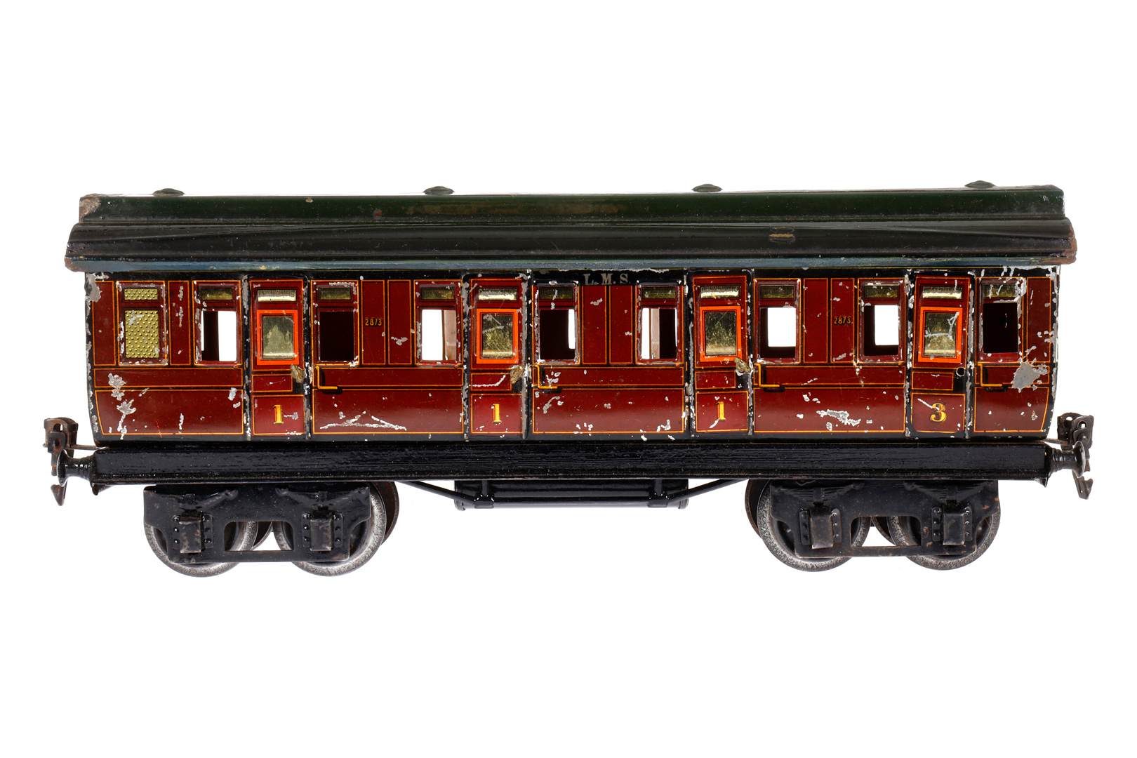 Märklin engl. Abteilwagen 2873 LMS, Spur 1, CL, 1 AT und 4 Türgriffe fehlen, LS und gealterter Lack,