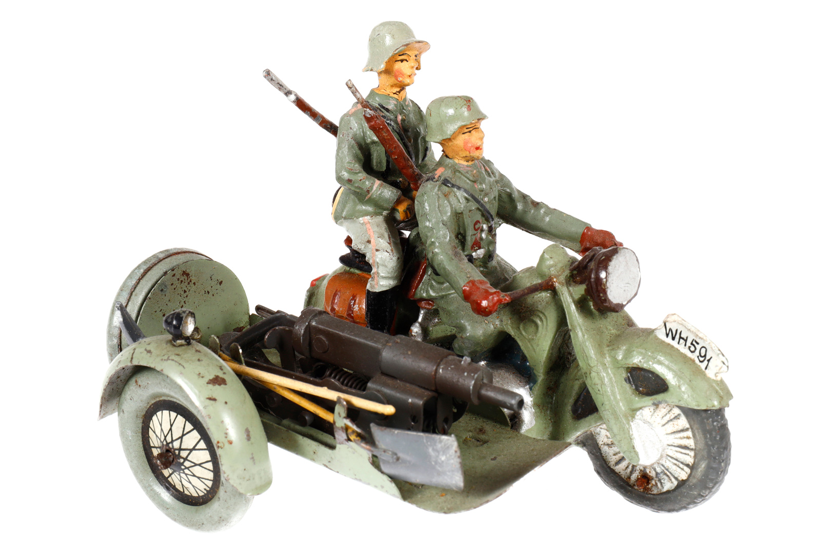 Motorrad mit MG-Wagen und 2 Soldaten, Blech/Masse, HL, L 10,5, Z 3