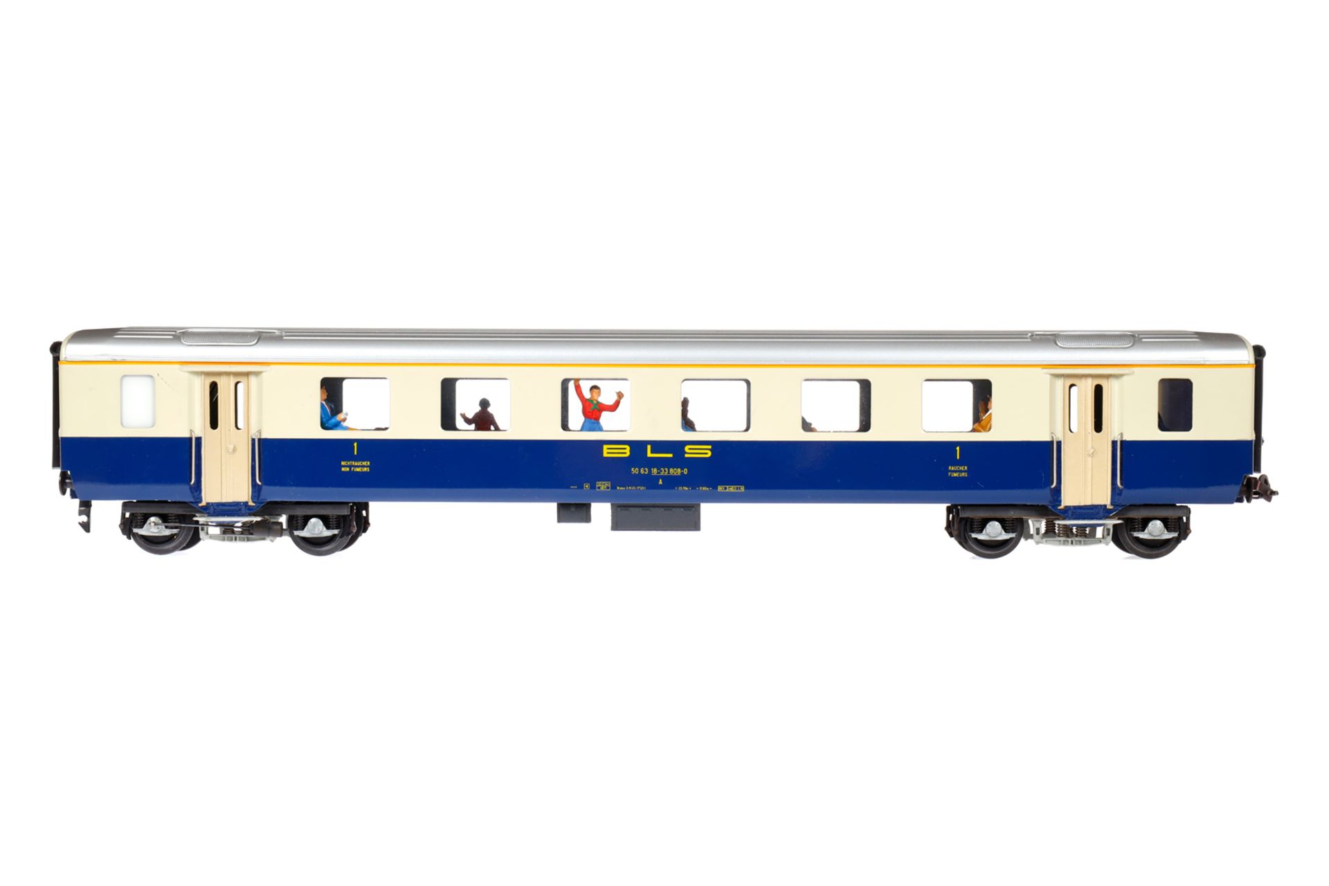 Hermann Personenwagen, Spur 0, creme/blau, mit Inneneinrichtung und Fremdbeleuchtung, 1. Klasse,