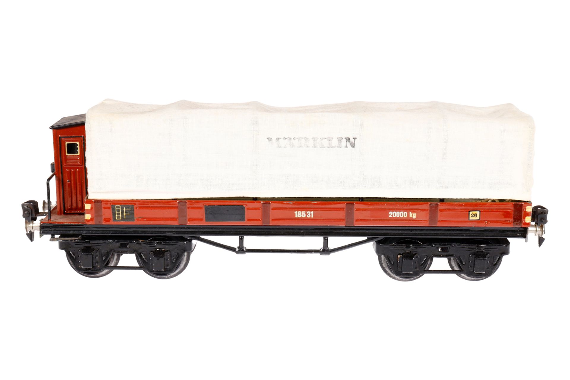 Märklin Planewagen 1853, Spur 1, HL, mit BRH, LS und gealterter Lack, L 33,5, sonst noch Z 2