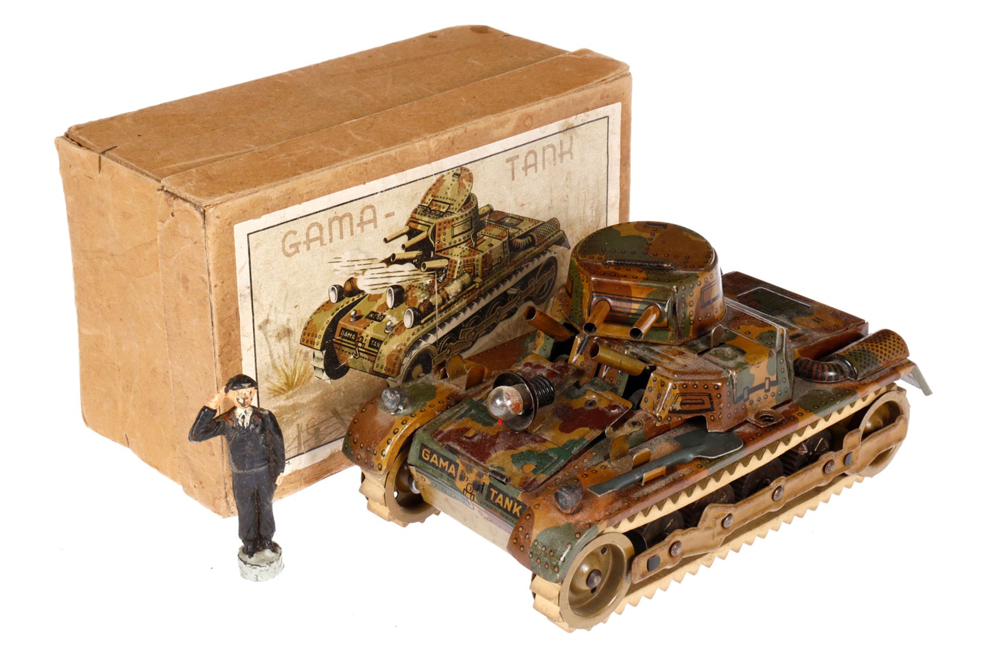 Gama Panzer, Mimikry, mit elektr. Beleuchtung und Figur, Uhrwerk def., Aufsatz lose, Schrauben