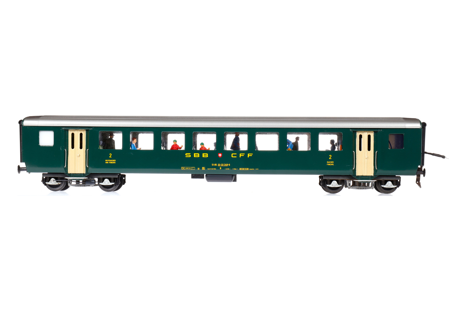 Hermann Personenwagen, Spur 0, grün, mit Inneneinrichtung und Fremdbeleuchtung, 2. Klasse, L 45,5, Z