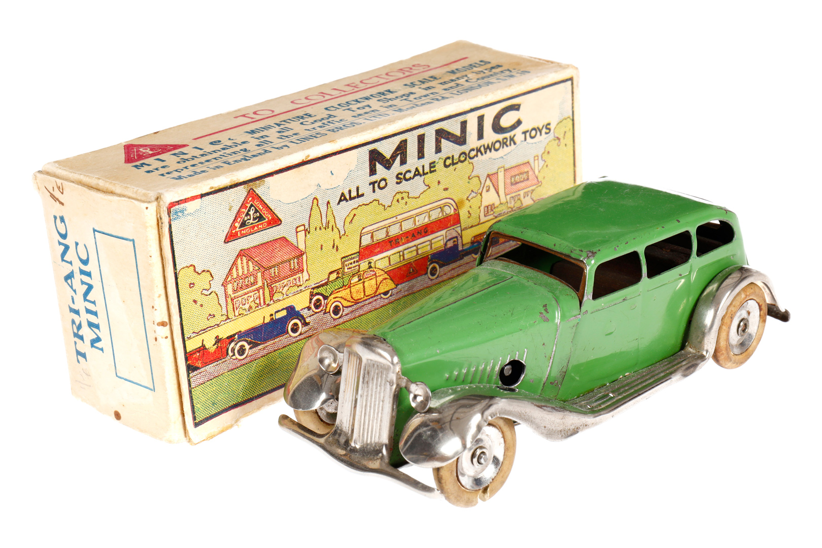 Tri-ang Minic Toys Limousine, hellgrün/silber, Uhrwerk intakt, Alterungsspuren, L 12, im besch.