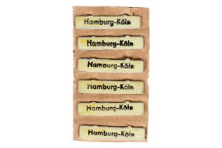 6 Replik-Zuglaufschilder ”Hamburg-Köln”, L 3,2