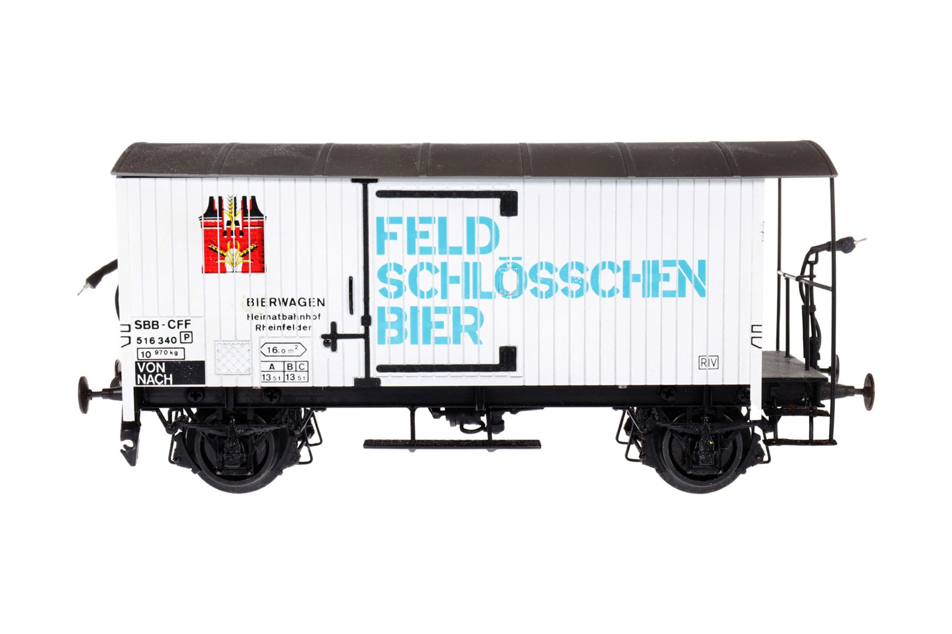 Frisa Feldschlösschen Bierwagen, Spur 0, weiß, Alterungsspuren, L 18,5, im Karton, Z 2