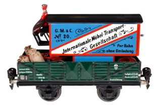 Märklin offener Güterwagen 1761, Spur 0, CL, beladen mit Nordmann Möbeltransporter, ohne Deichsel,