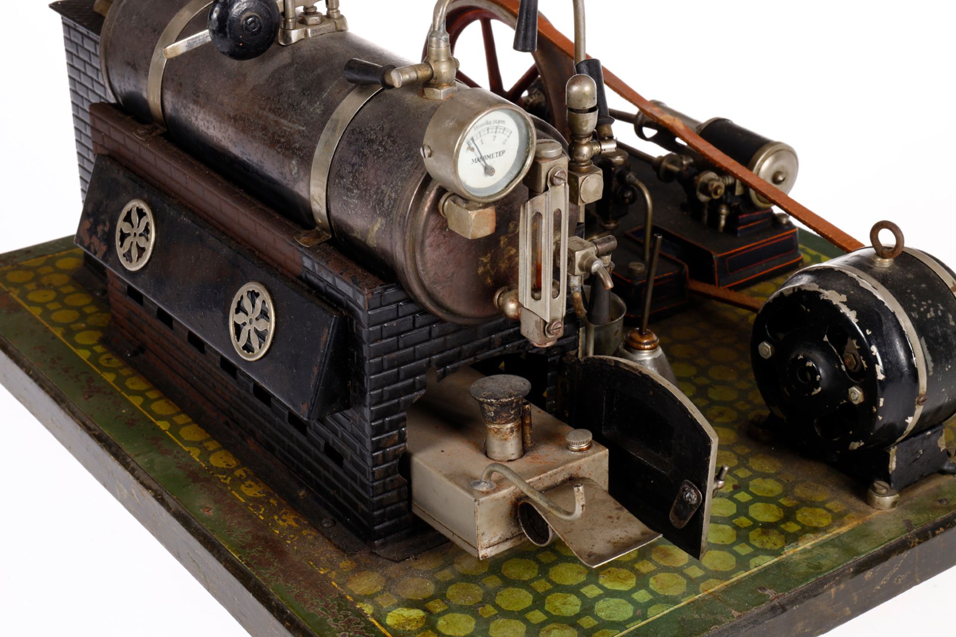 Bing Dampfmaschine, liegender patinierter Kessel, KD 7, mit Armaturen, Brenner, feststehendem - Bild 3 aus 4