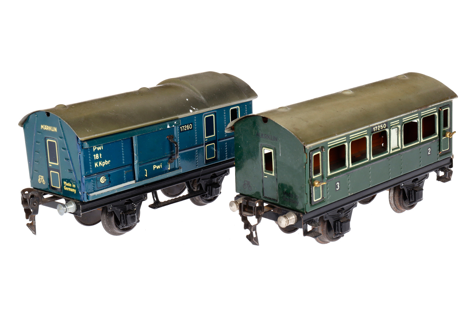 2 Märklin Wagen 1725 und 1726, Spur 0, CL, LS und gealterter Lack, L 16,5, Z 2-3