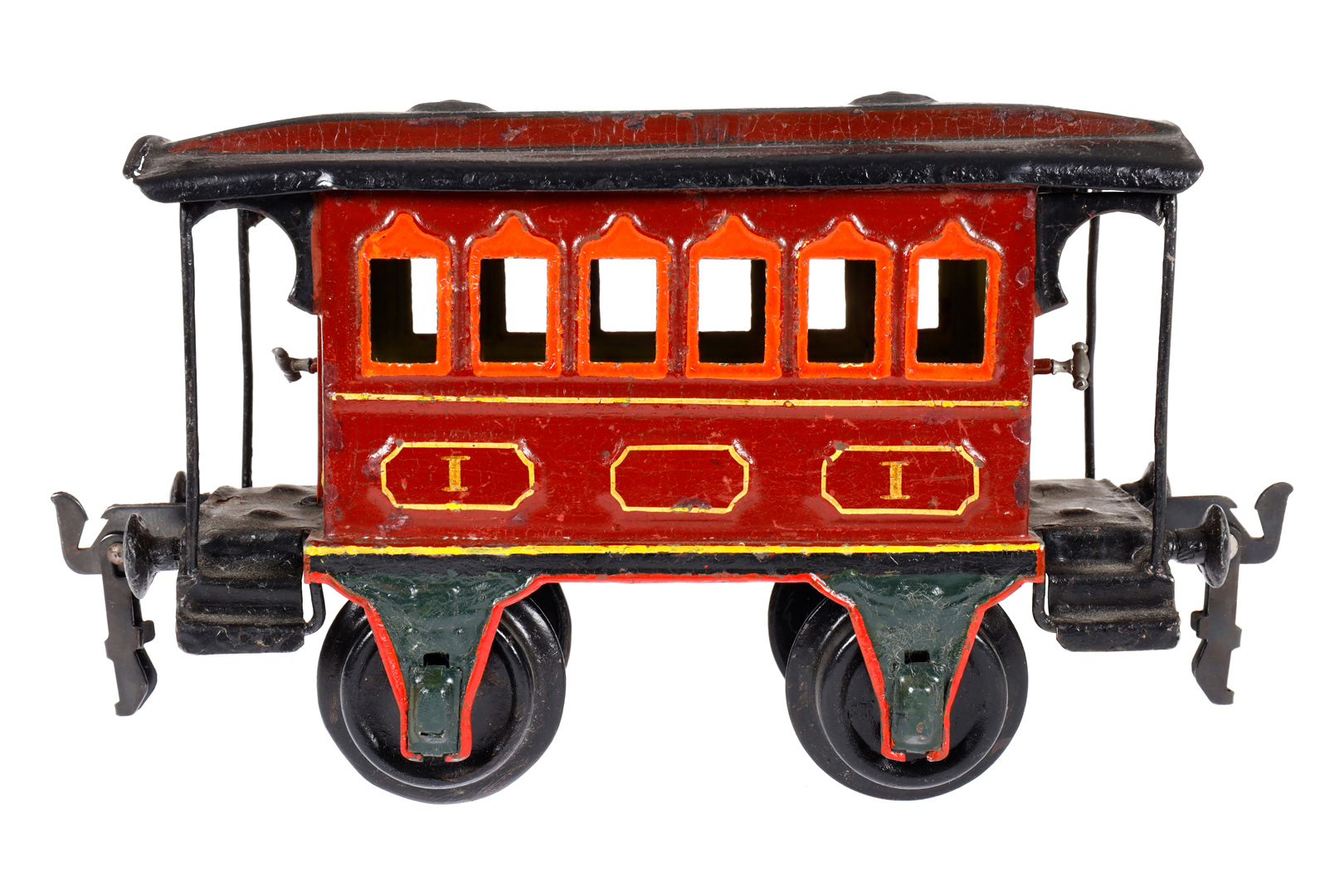 Märklin Durchgangswagen 1807, Spur 1, rotbraun, HL, mit 2 Sitzbänken und 2 AT, tw rest. und ergänzt,