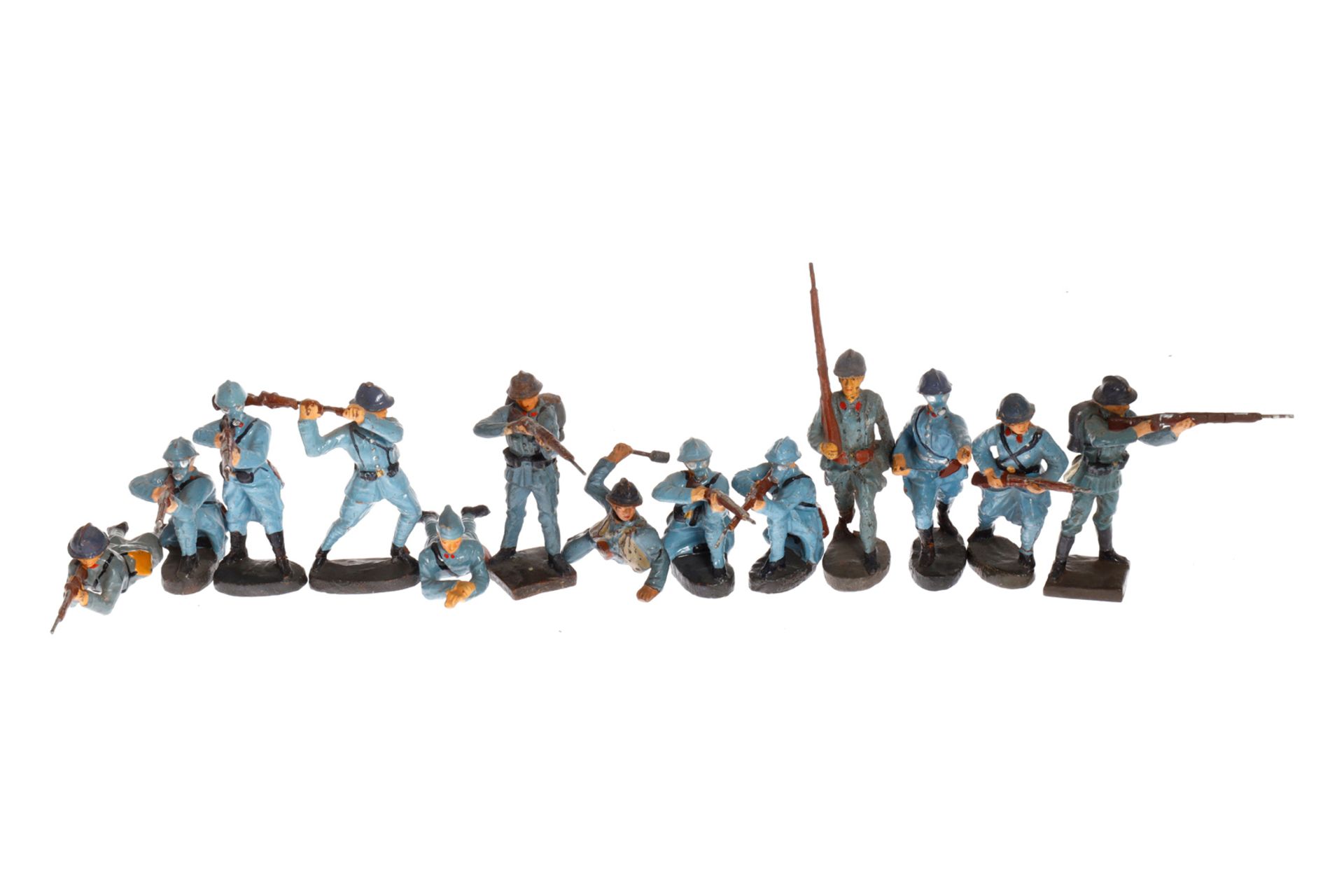 13 Elastolin/Lineol Soldaten, Masse, HL, in blauer Uniform, LS, Z 3