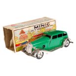 Tri-ang Minic Toys Limousine, grün/silber, Uhrwerk intakt, Alterungsspuren, L 12, im besch. und NV