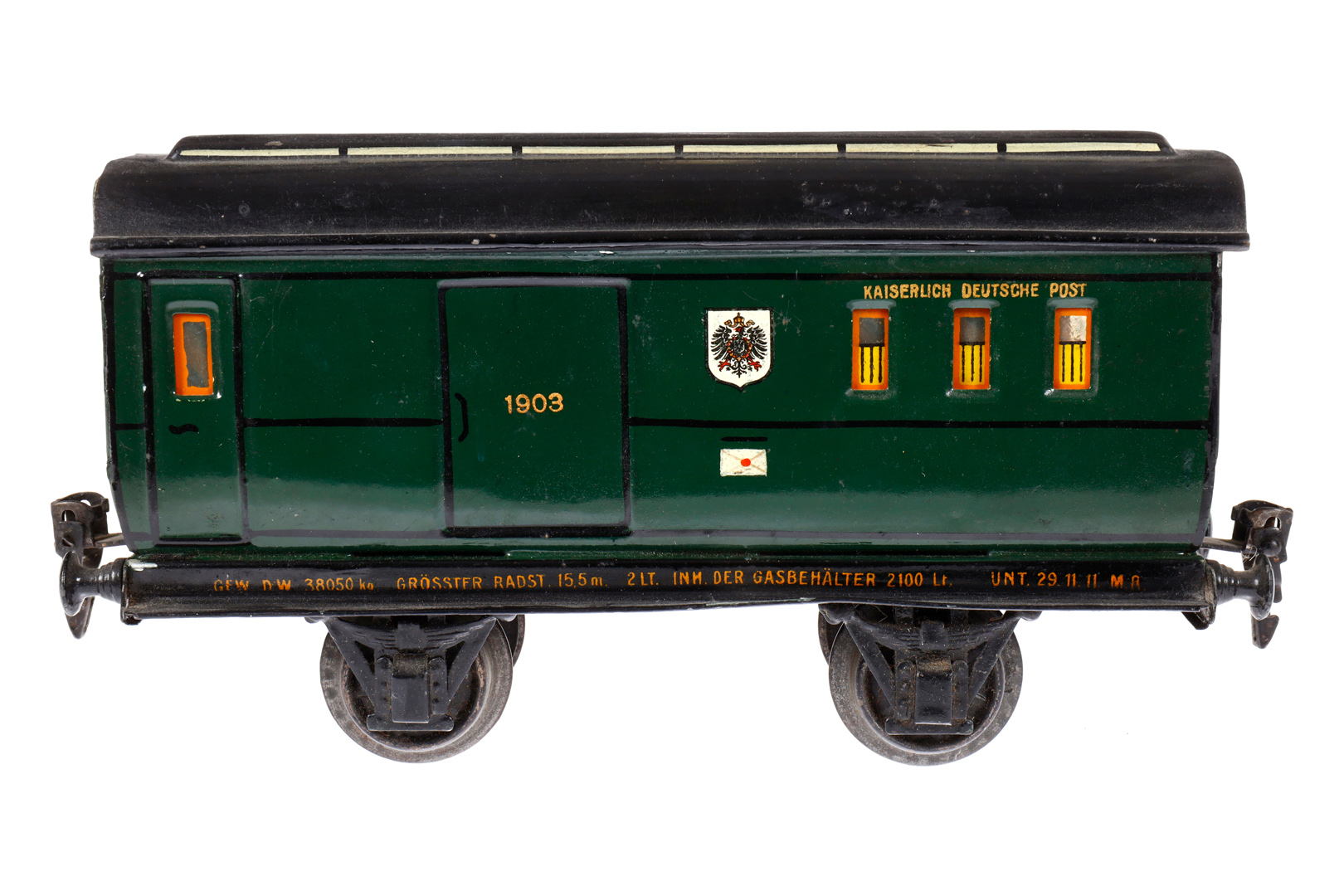 Märklin Post/Gepäckwagen 1903, Spur 1, HL, LS tw ausgeb., gealterter Lack, L 22, sonst noch Z 2-3