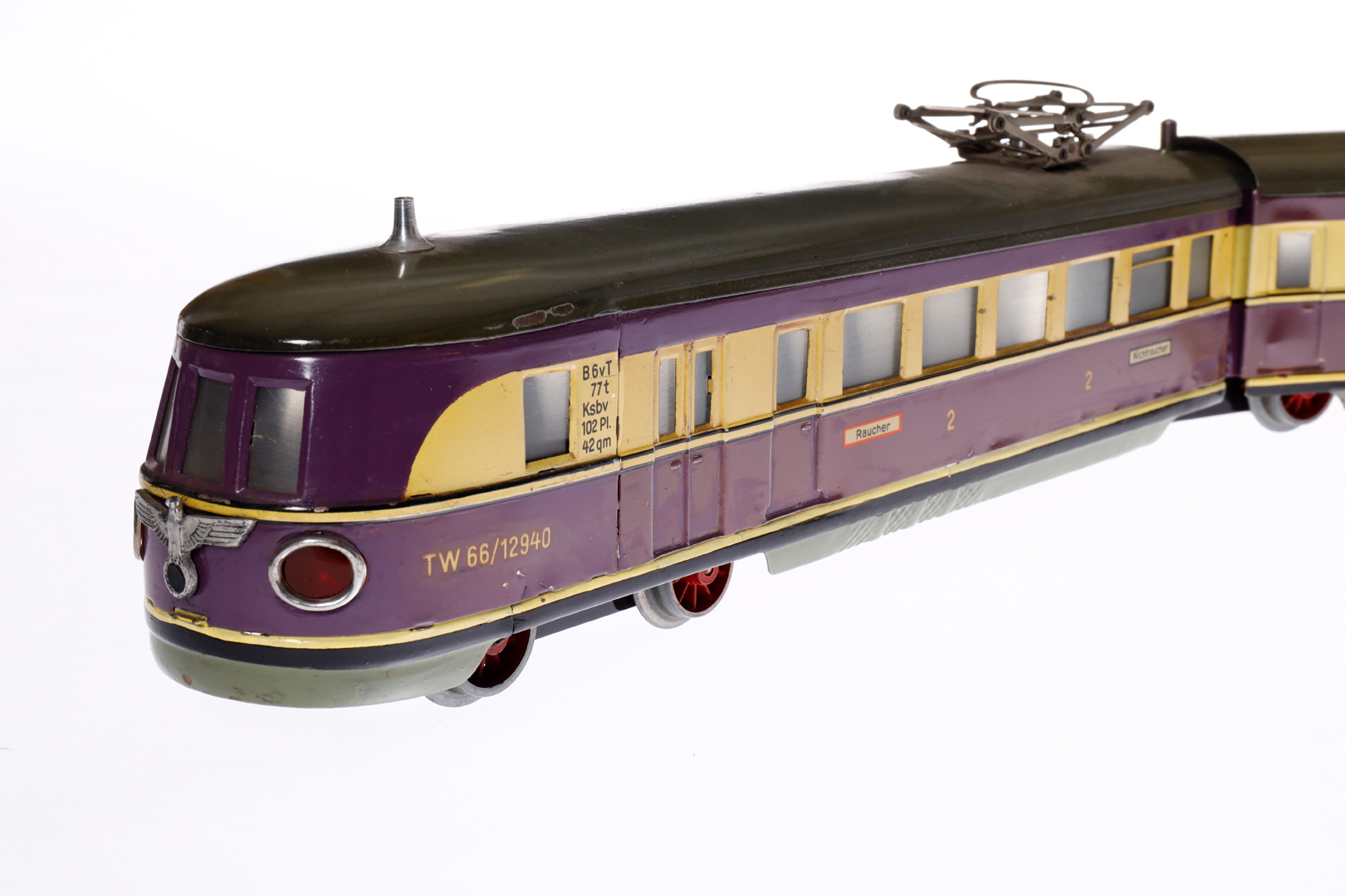 Märklin Triebwagen TW 66/12940, Spur 0, elektr., creme/violett, 4-teilig, mit 3 Drehtürmen, tw - Image 2 of 7